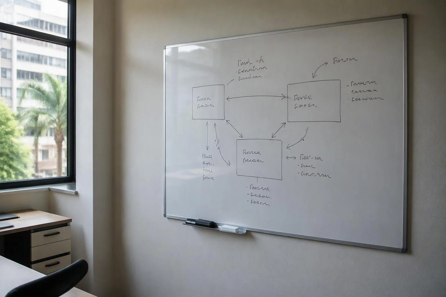 Quadro branco com o desenho das empresas do grupo e as setas de rateio