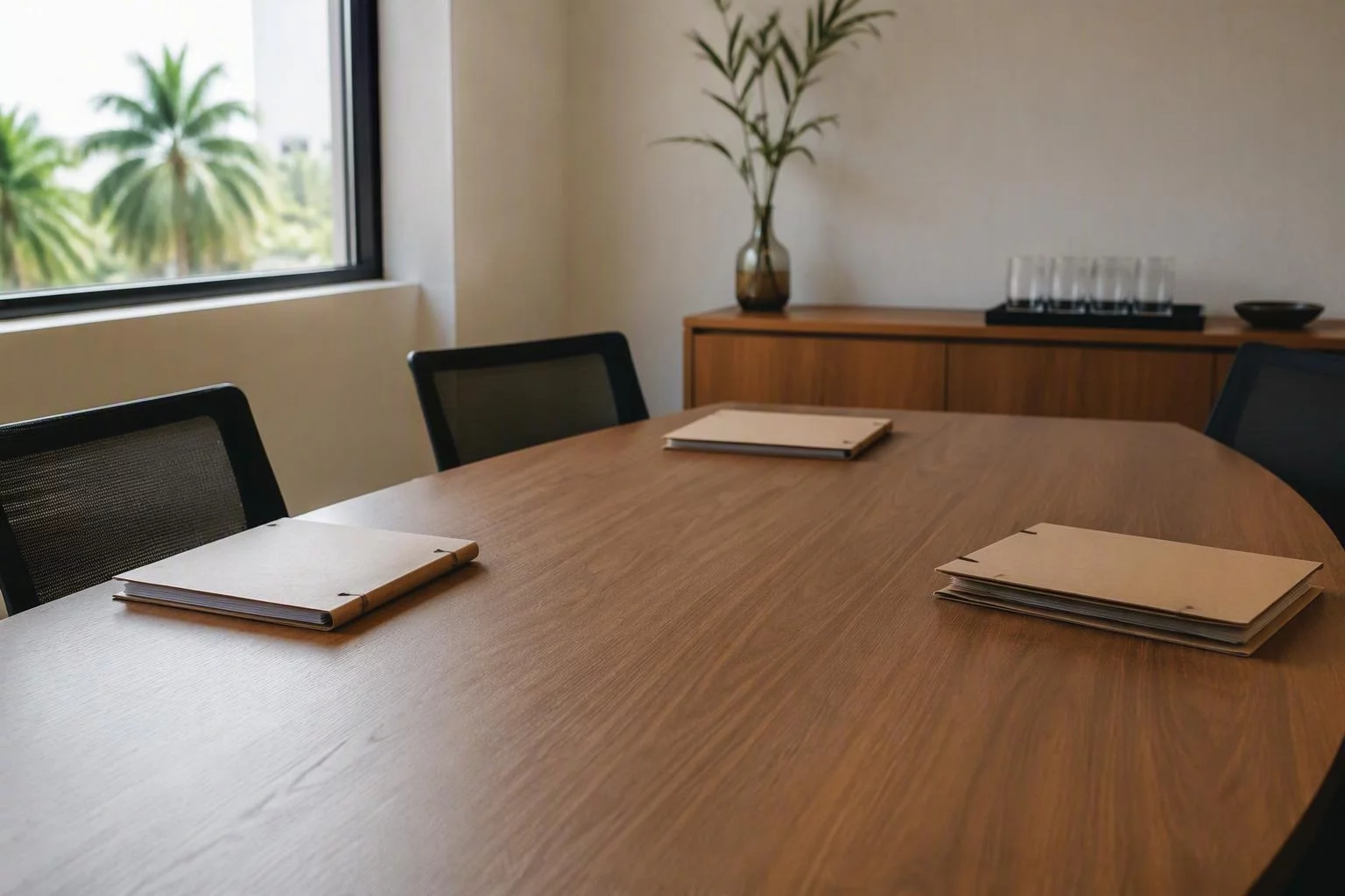Mesa de reunião com três pastas identificadas por empresa