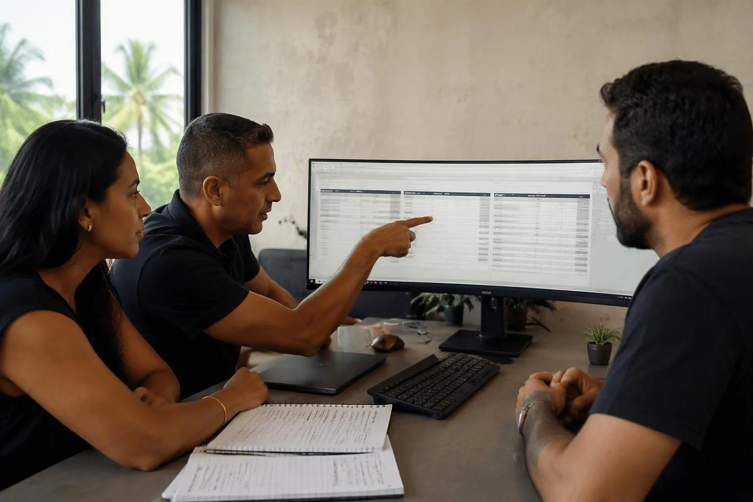 Sócios e controller diante da tela com as três empresas abertas lado a lado